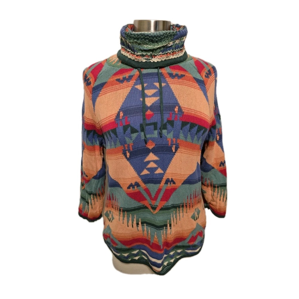 Chaps Ralph Lauren Womens Southwest Woven Sweater Size Petite XL Cowl Neck